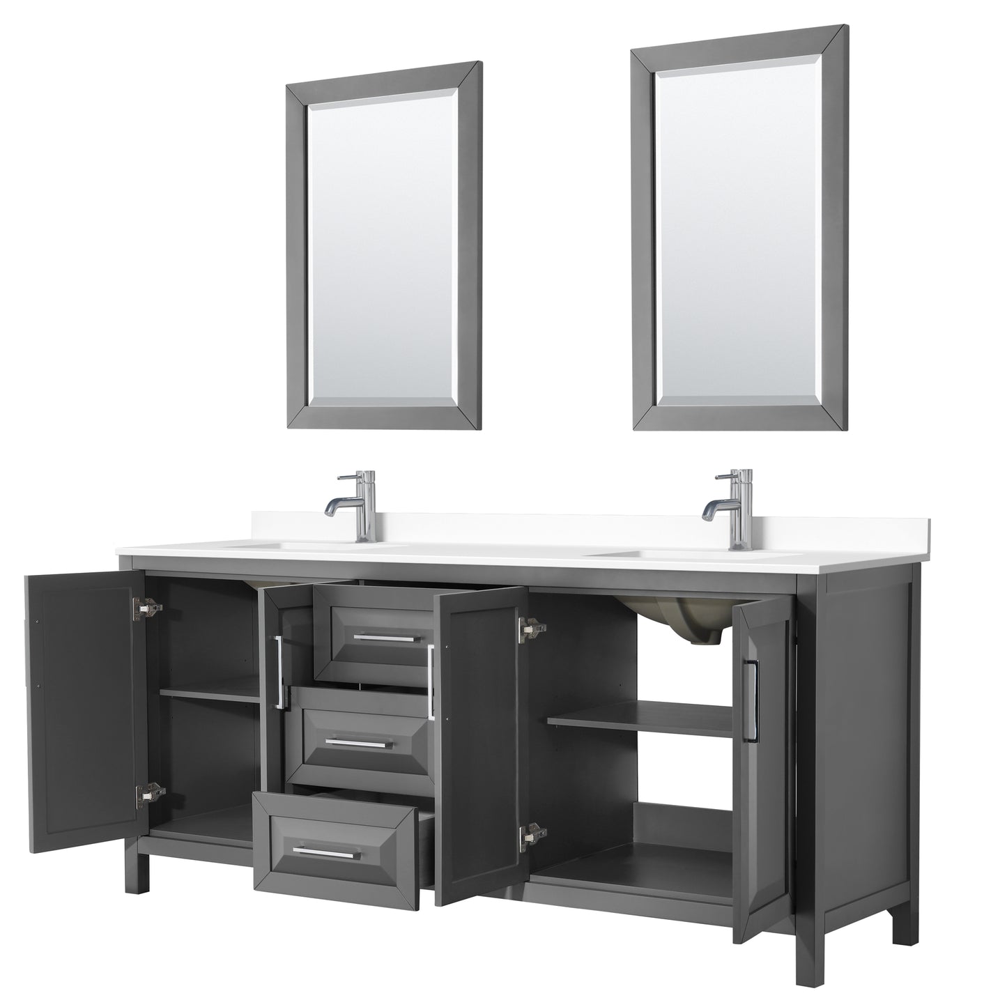 Daria 80" Double Vanity in Dark Gray, White Cultured Marble Top, 24" Mirrors