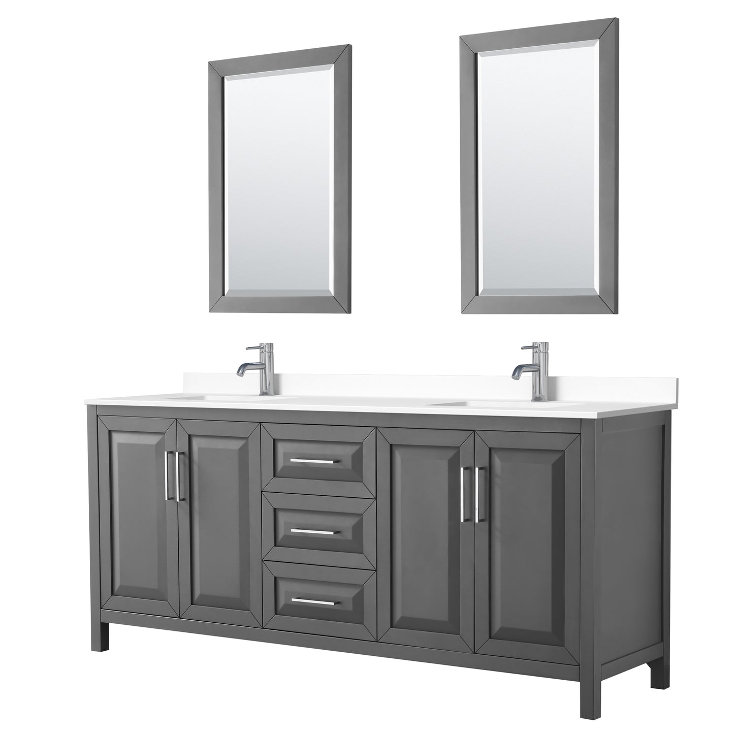 Daria 80" Double Vanity in Dark Gray, White Cultured Marble Top, 24" Mirrors