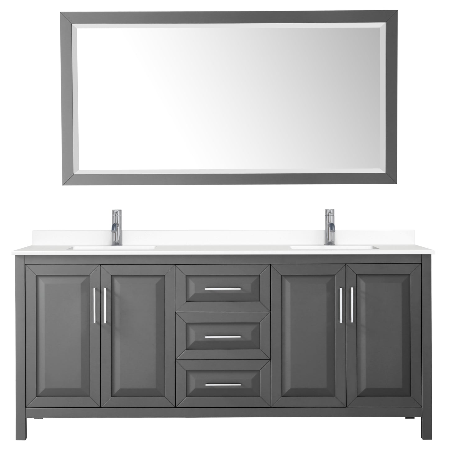 Daria 80" Double Vanity in Dark Gray, White Cultured Marble Top, 70" Mirror