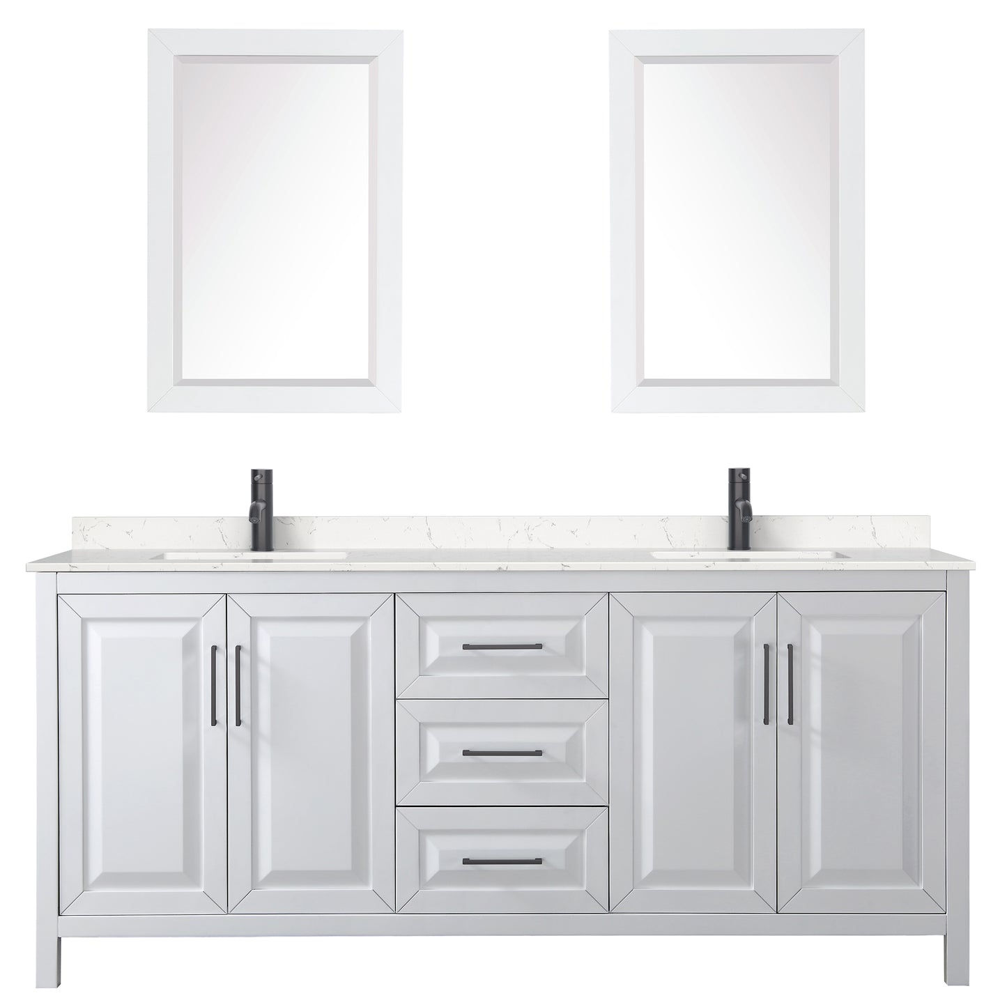 Daria 80" Double Vanity in White, Carrara Marble Top, Black Trim, 24" Mirrors