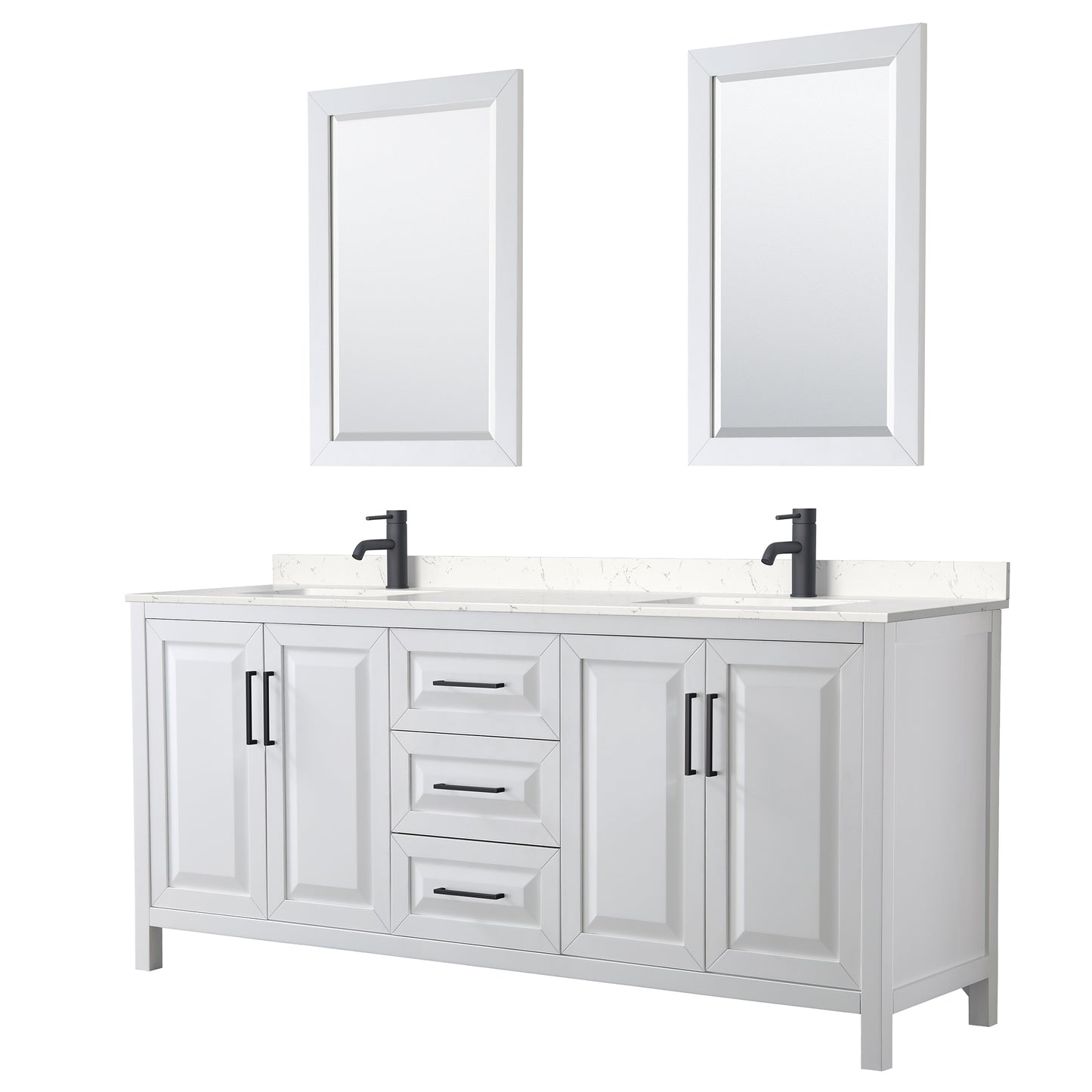 Daria 80" Double Vanity in White, Carrara Marble Top, Black Trim, 24" Mirrors
