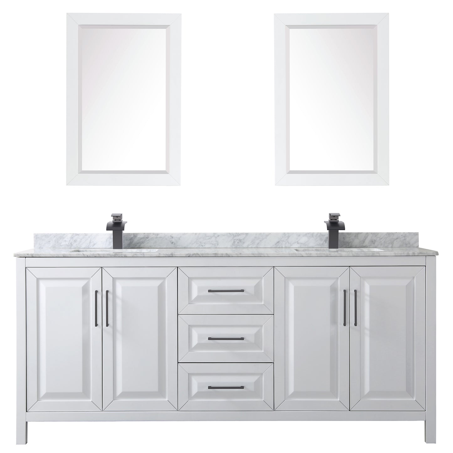 Daria 80" Double Vanity in White, Top, Square Matte Black Trim, 24" Mirrors