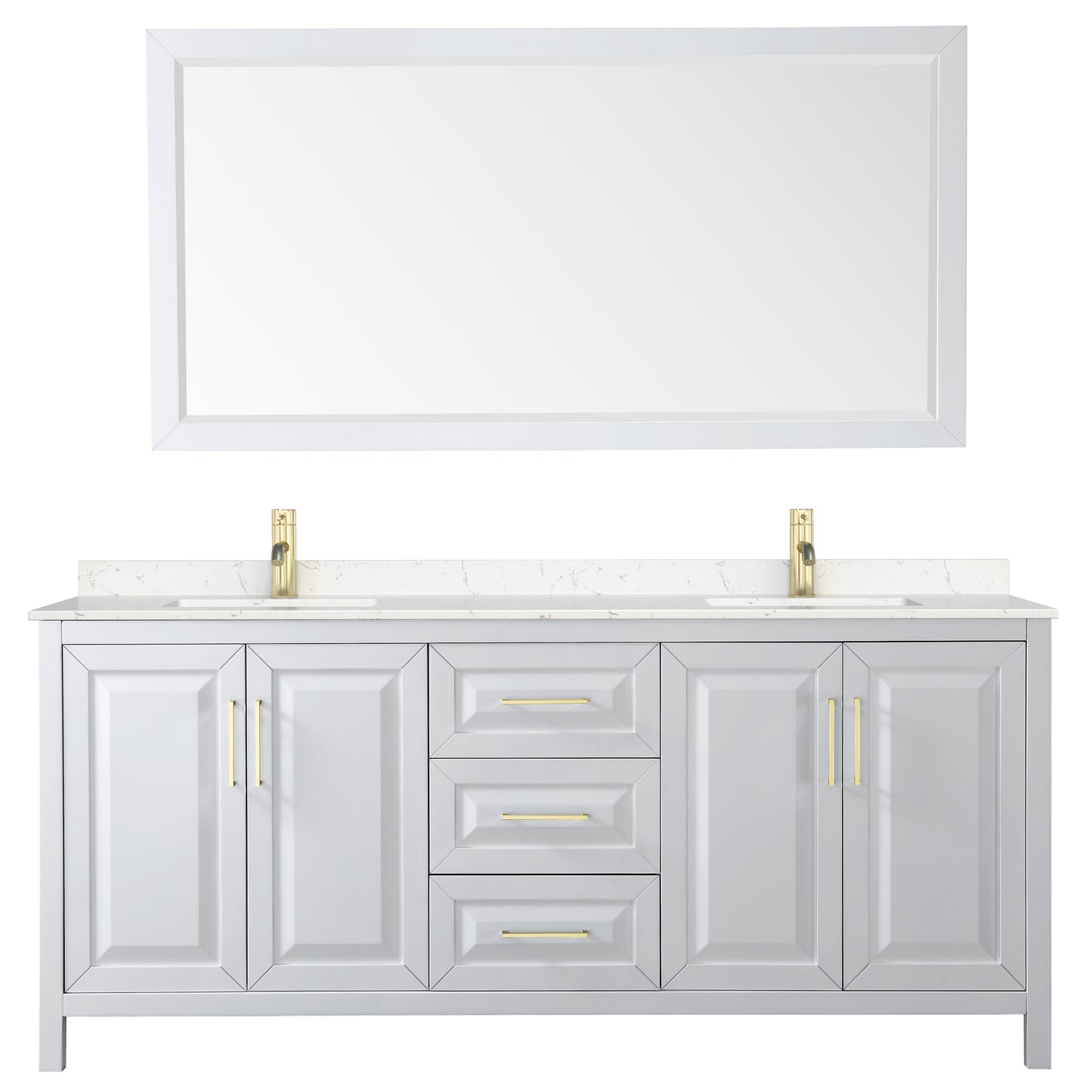 Daria 80" White Double Vanity, Carrara Marble Top, 70" Mirror, Brushed Gold Trim