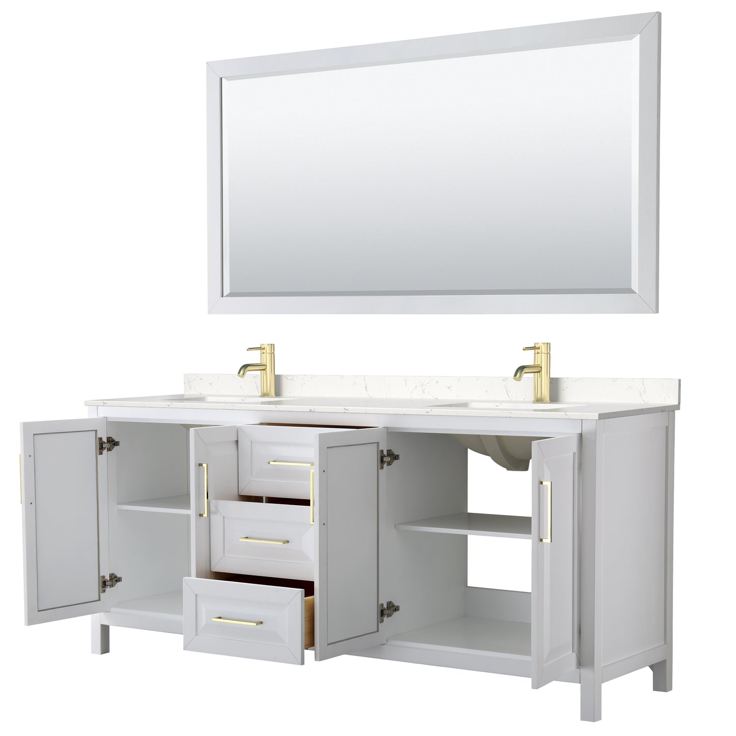Daria 80" White Double Vanity, Carrara Marble Top, 70" Mirror, Brushed Gold Trim