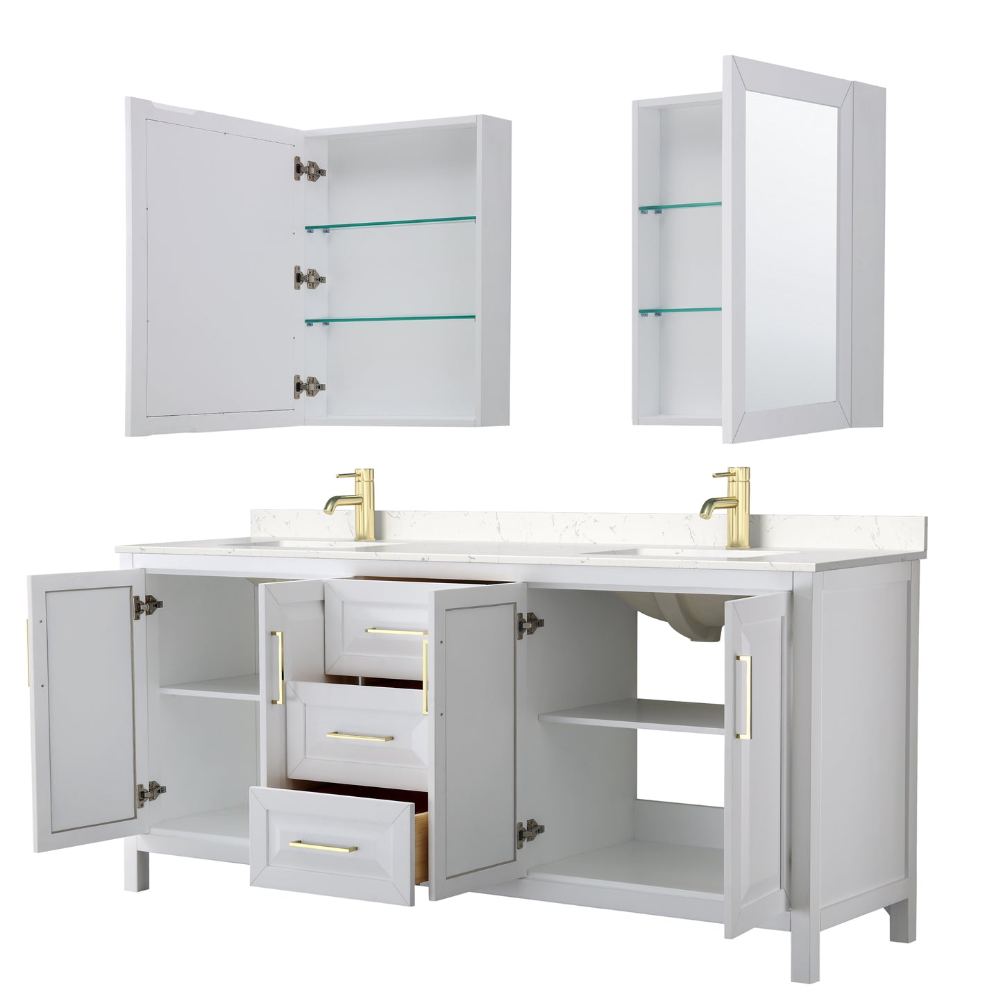 Daria 80" White Double Vanity, Carrara Marble Top, Medicine Cabinets, Gold Trim