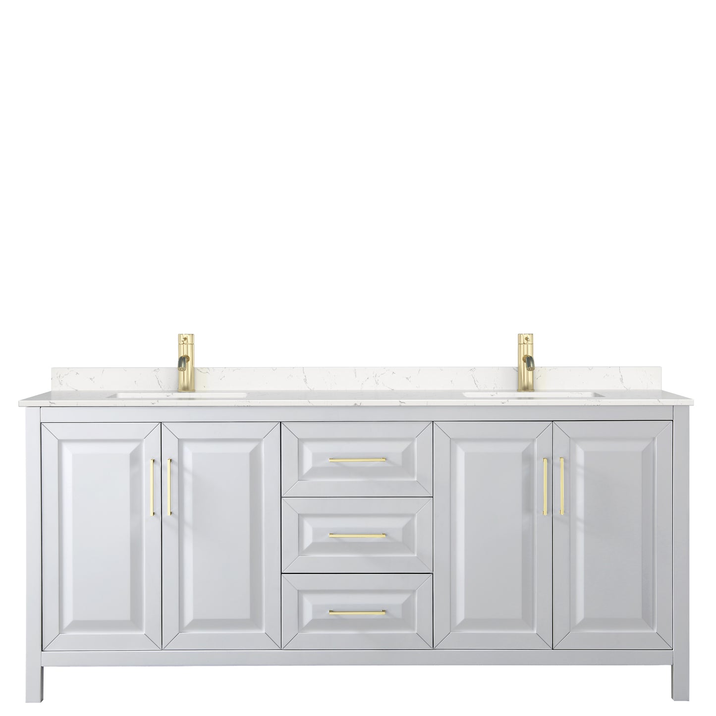 Daria 80" Double Vanity in White, Carrara Cultured Marble Top, Gold Trim