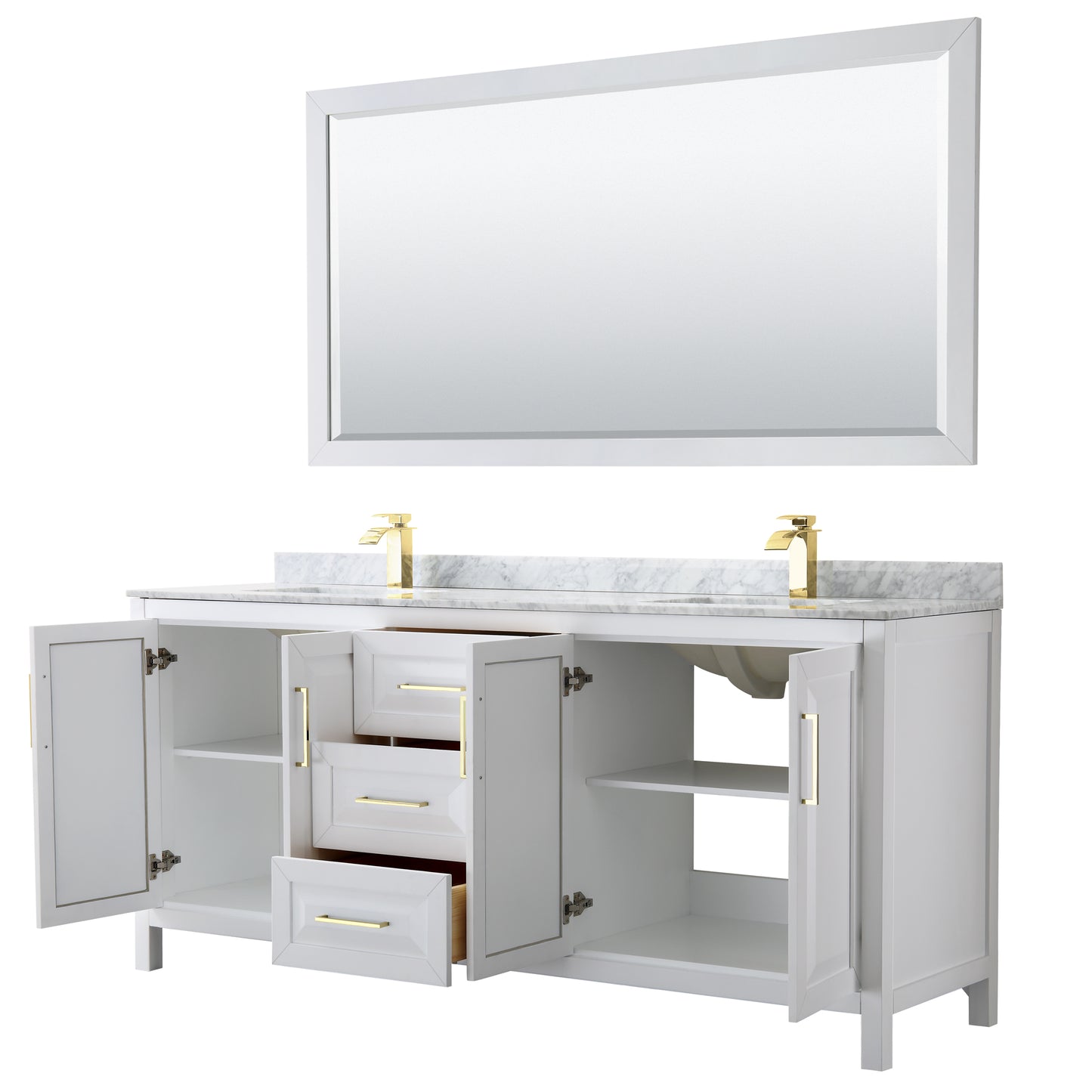 Daria 80" Double Vanity in White, Top, Square 70" Mirror, Brushed Gold Trim