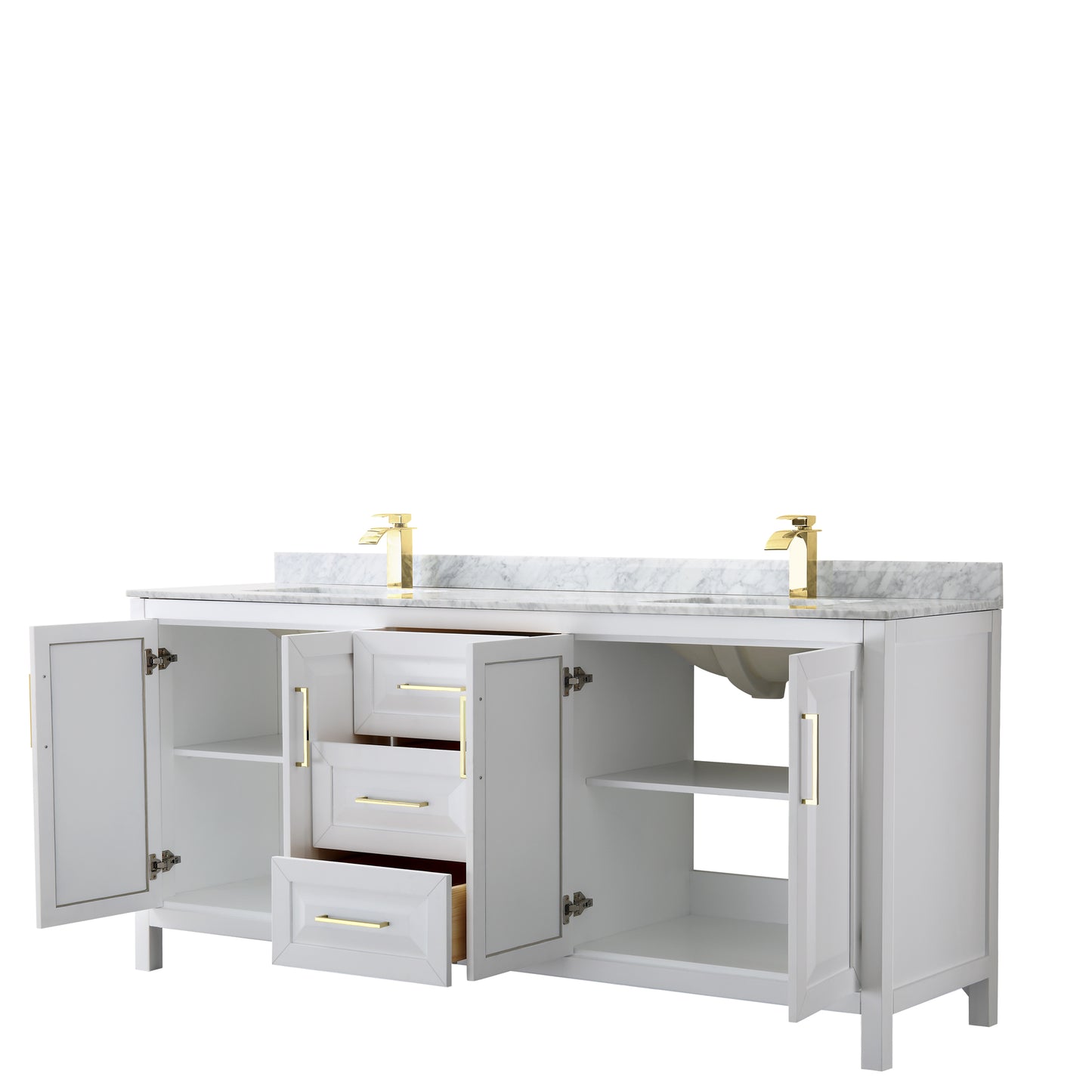 Daria 80" Double Vanity in White, Top, Square Sinks, Brushed Gold Trim