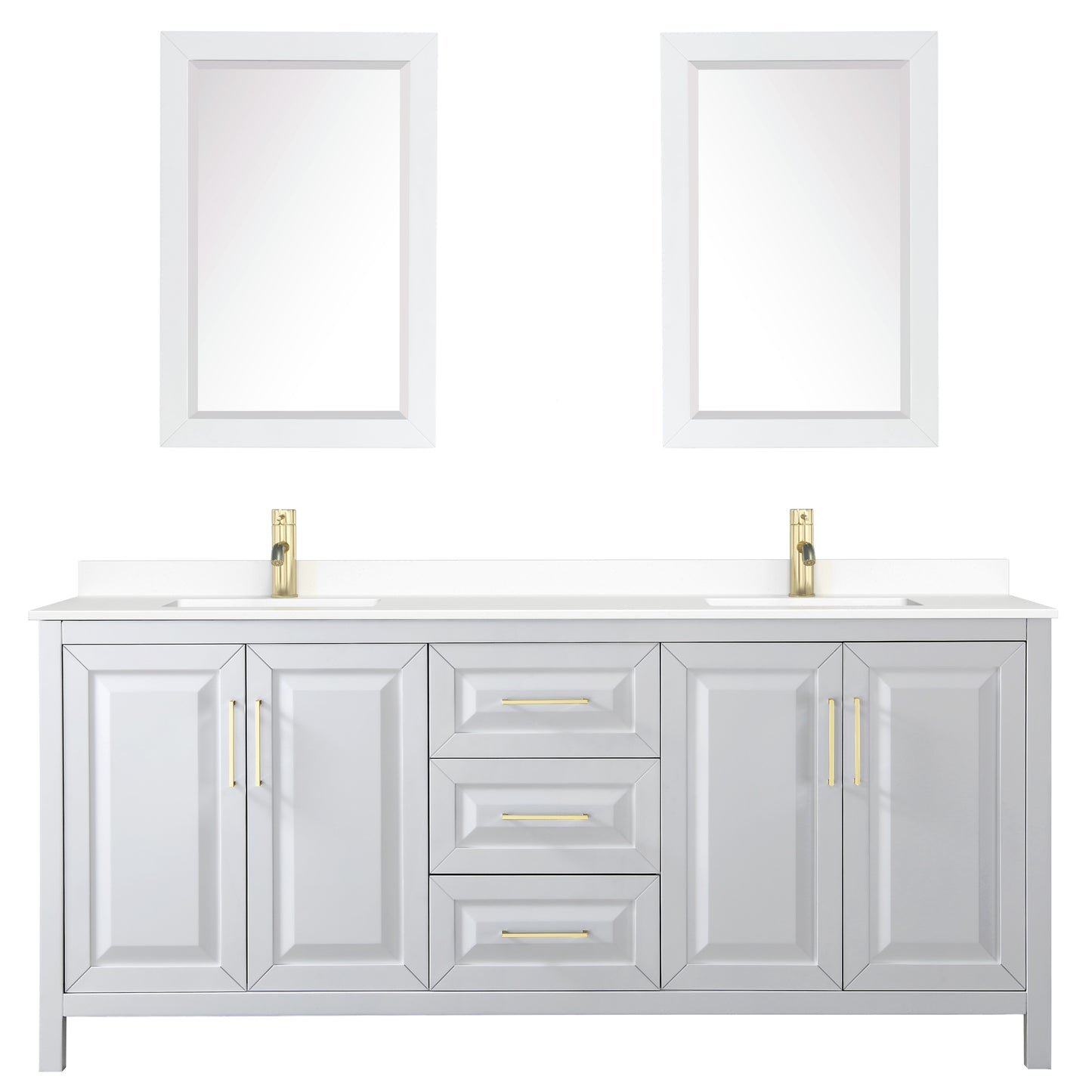 Daria 80" White Double Vanity, White Marble Top, 24" Mirrors, Brushed Gold Trim
