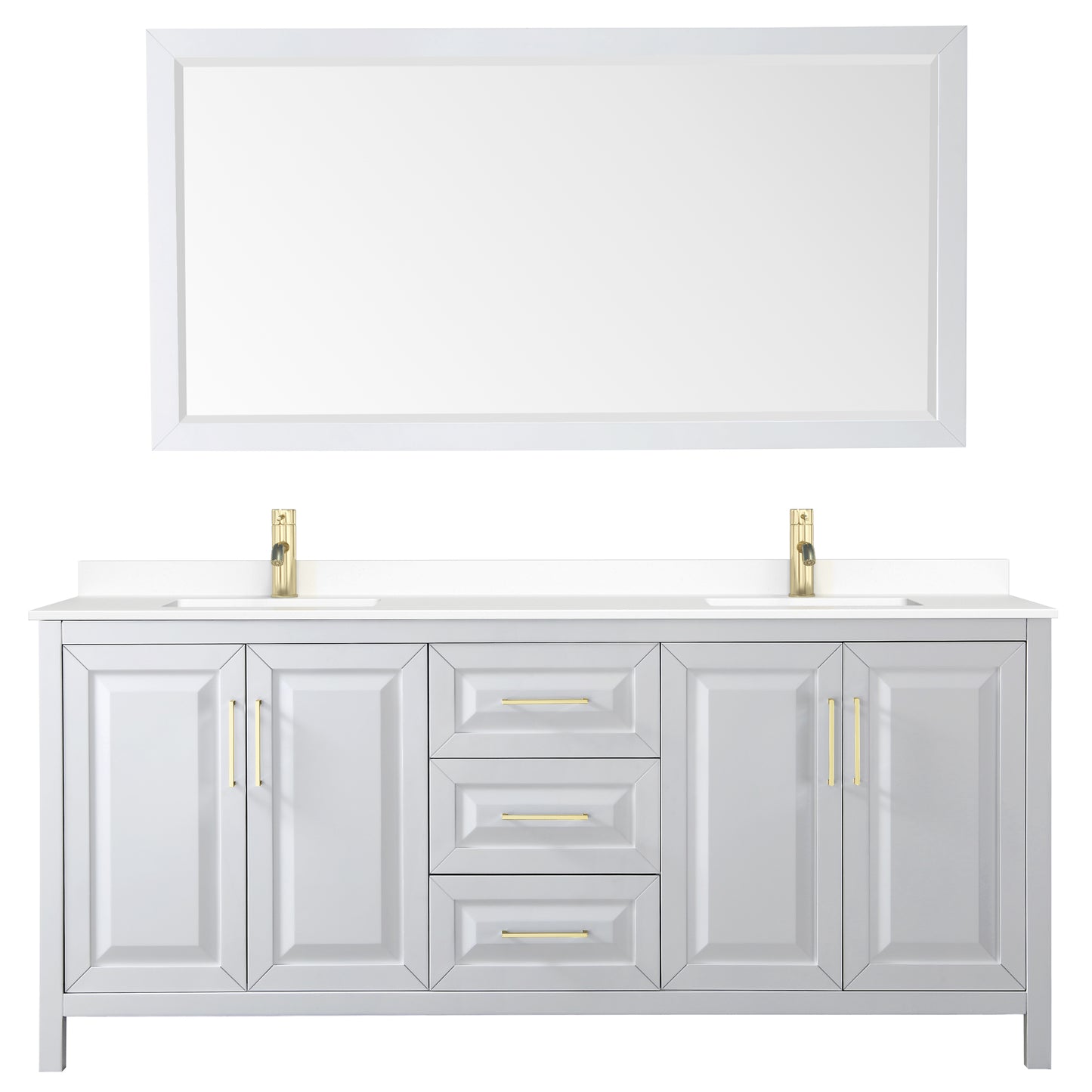 Daria 80" White Double Vanity, White Marble Top, 70" Mirror, Brushed Gold Trim