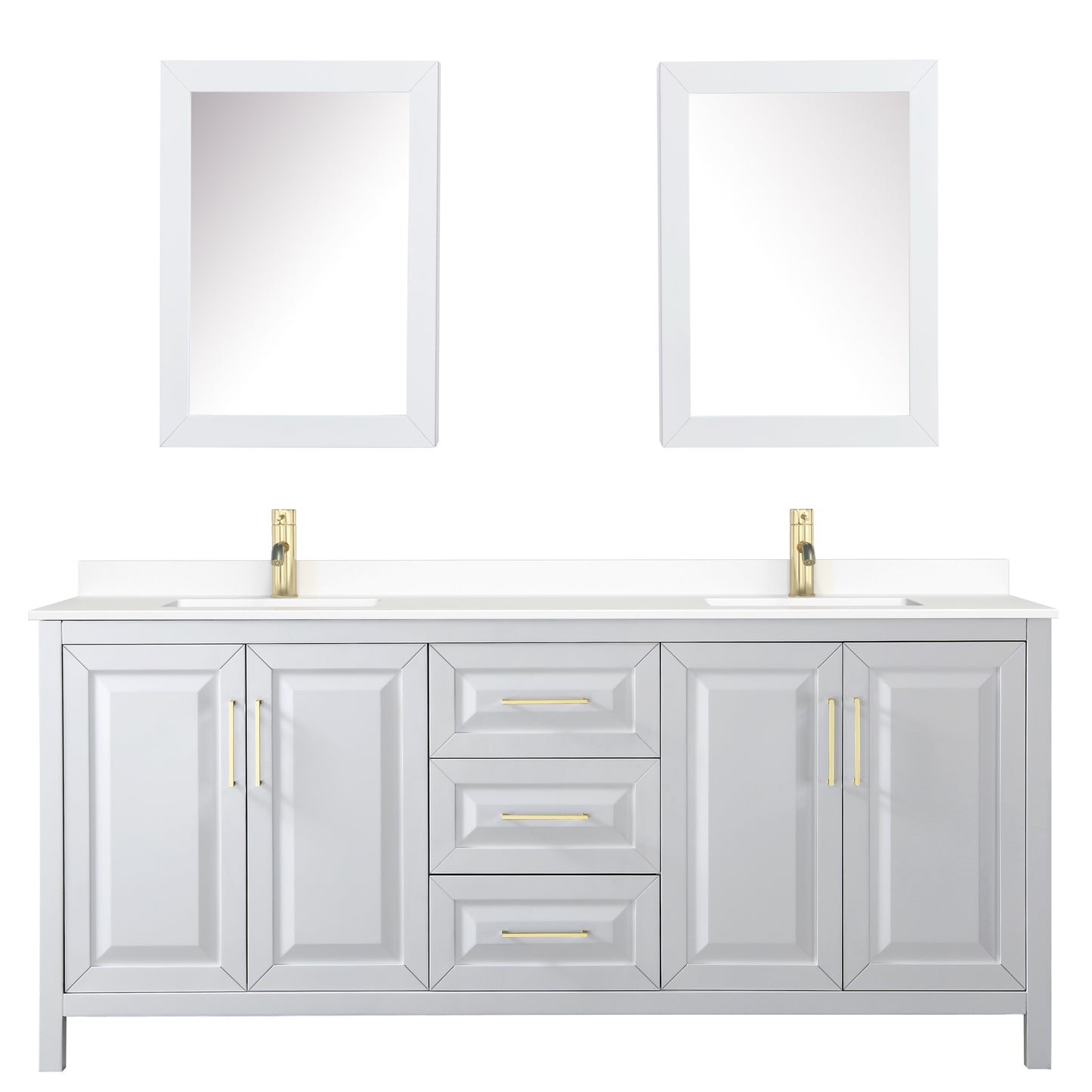 Daria 80" White Double Vanity, White Marble Top, Medicine Cabinets, Gold Trim