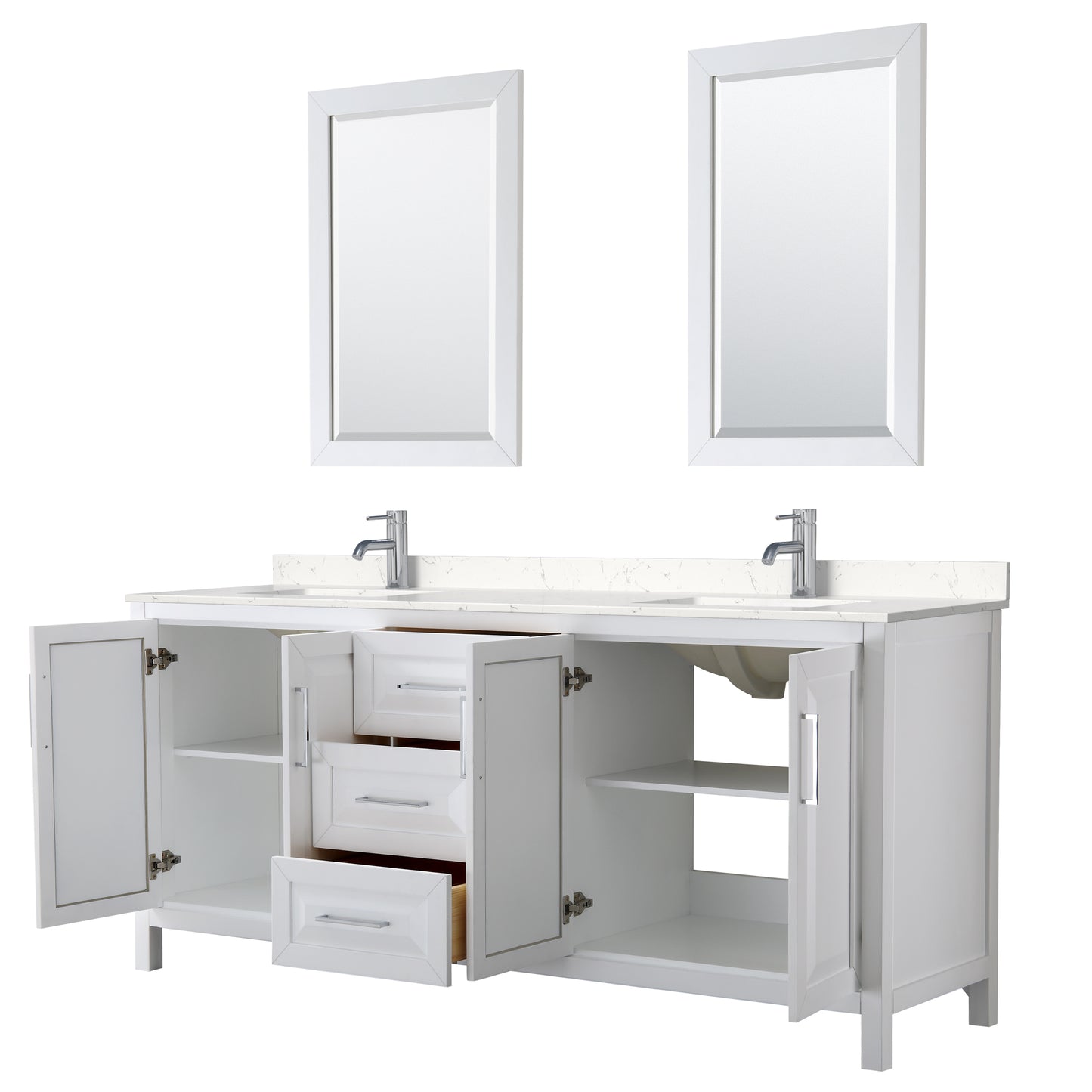 Daria 80" Double Vanity in White, Carrara Cultured Marble Top, 24" Mirrors