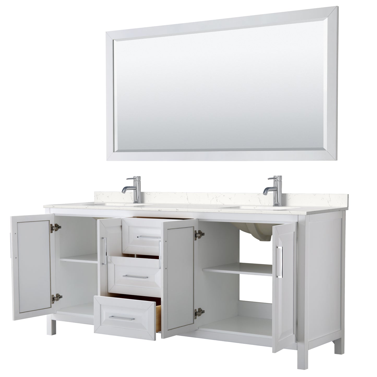 Daria 80" Double Vanity in White, Carrara Cultured Marble Top, Sinks, 70" Mirror