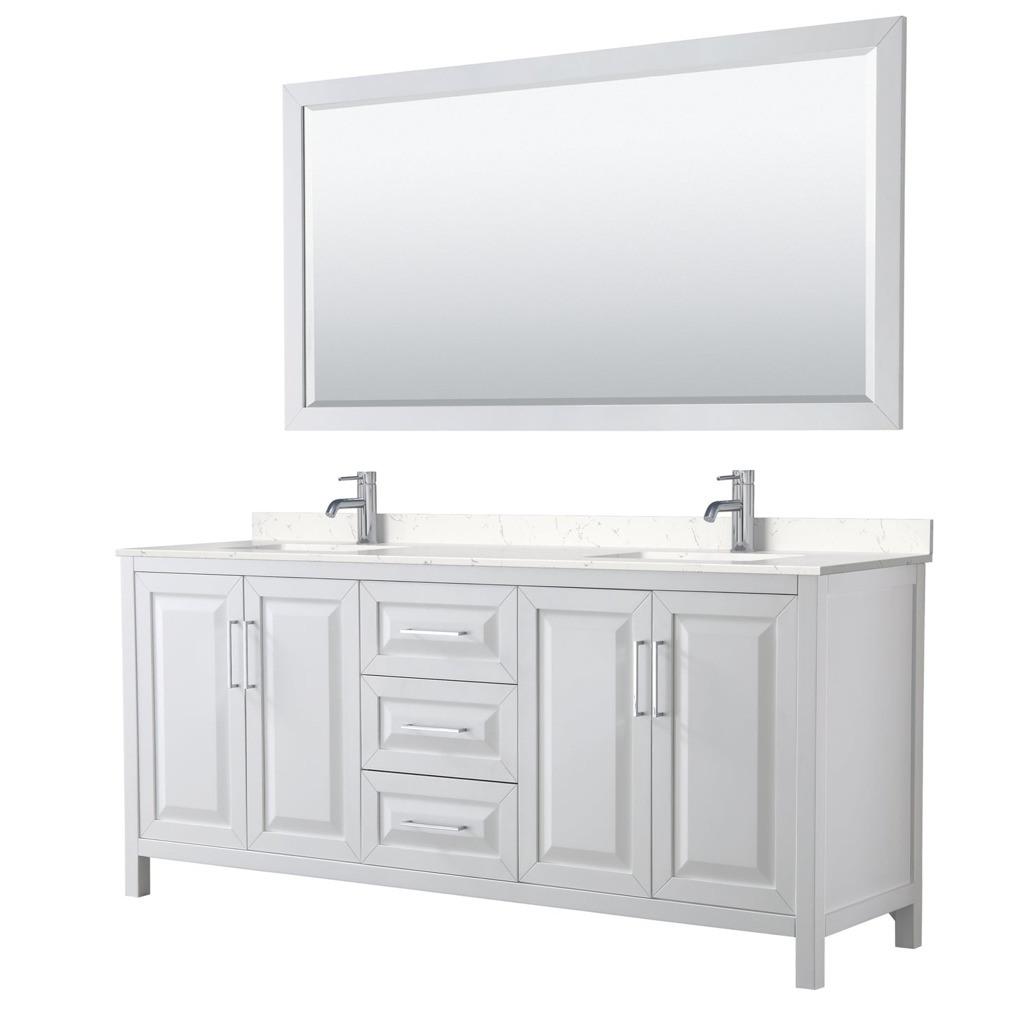 Daria 80" Double Vanity in White, Carrara Cultured Marble Top, Sinks, 70" Mirror