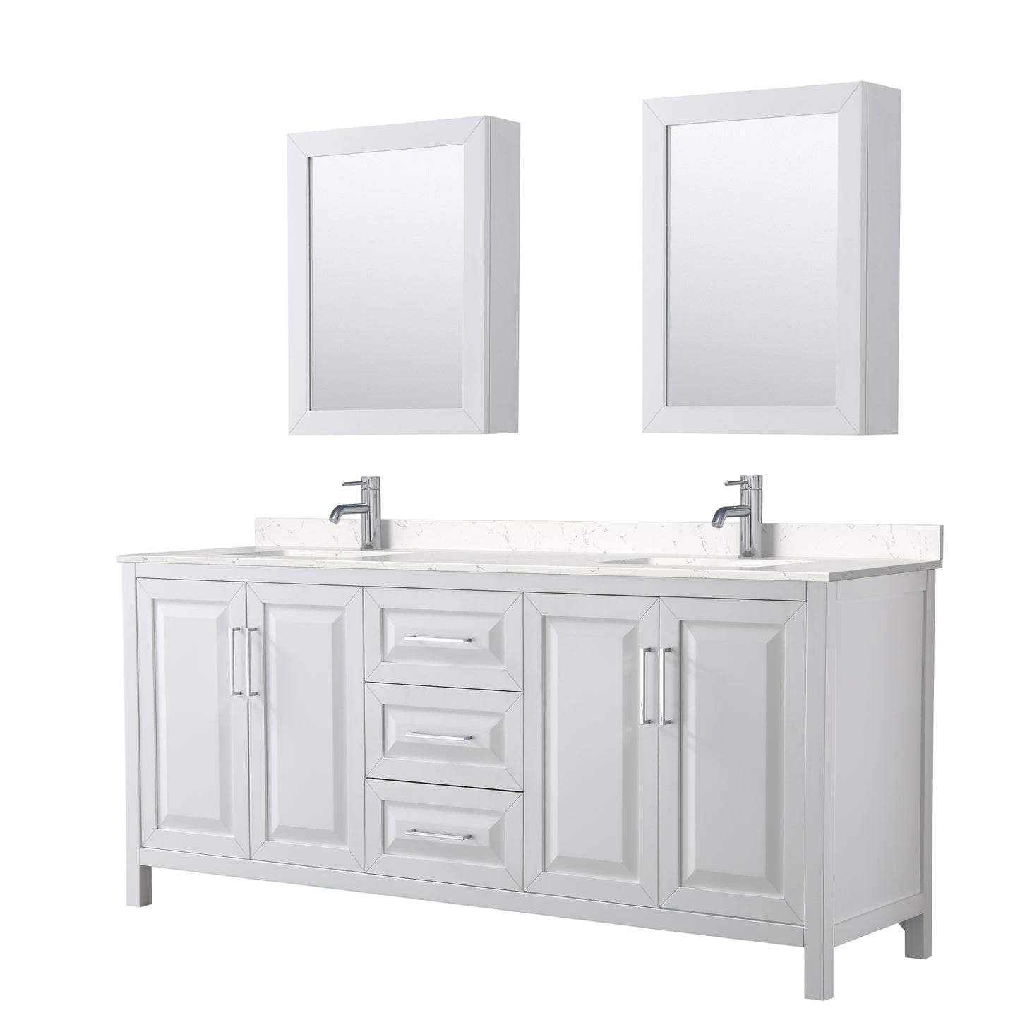 Daria 80" Double Vanity in White, Carrara Cultured Marble Top, Medicine Cabinets
