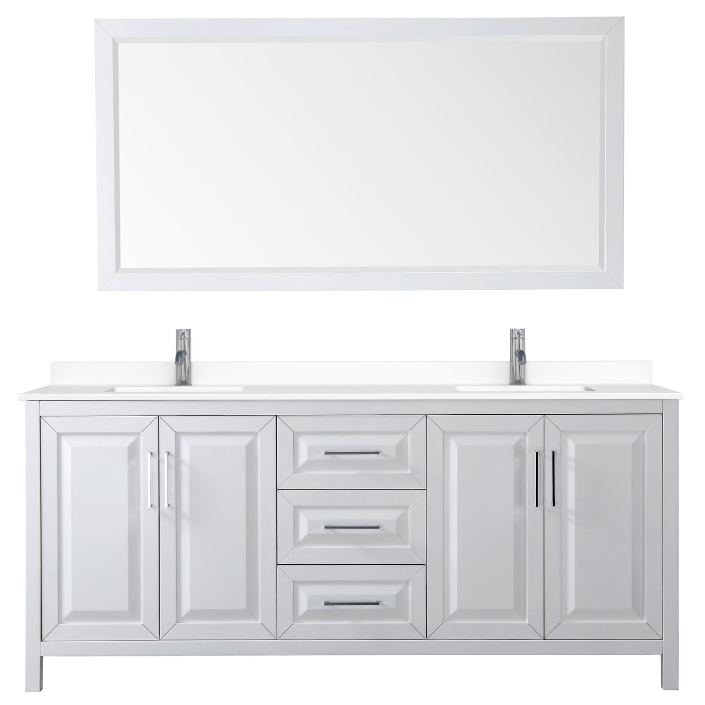 Daria 80" Double Vanity in White, White Cultured Marble Top, Sinks, 70" Mirror