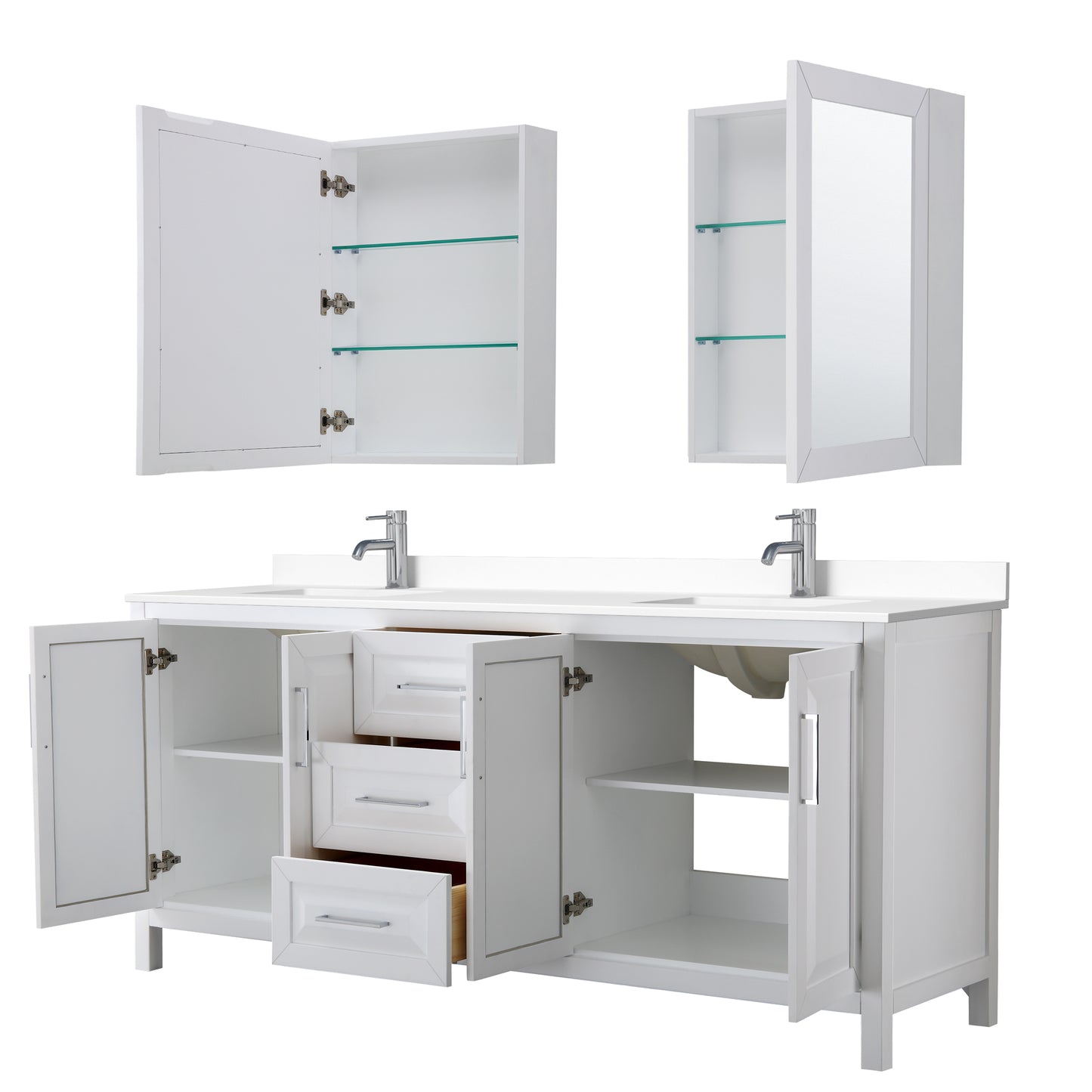Daria 80" Double Vanity in White, White Cultured Marble Top, Medicine Cabinets