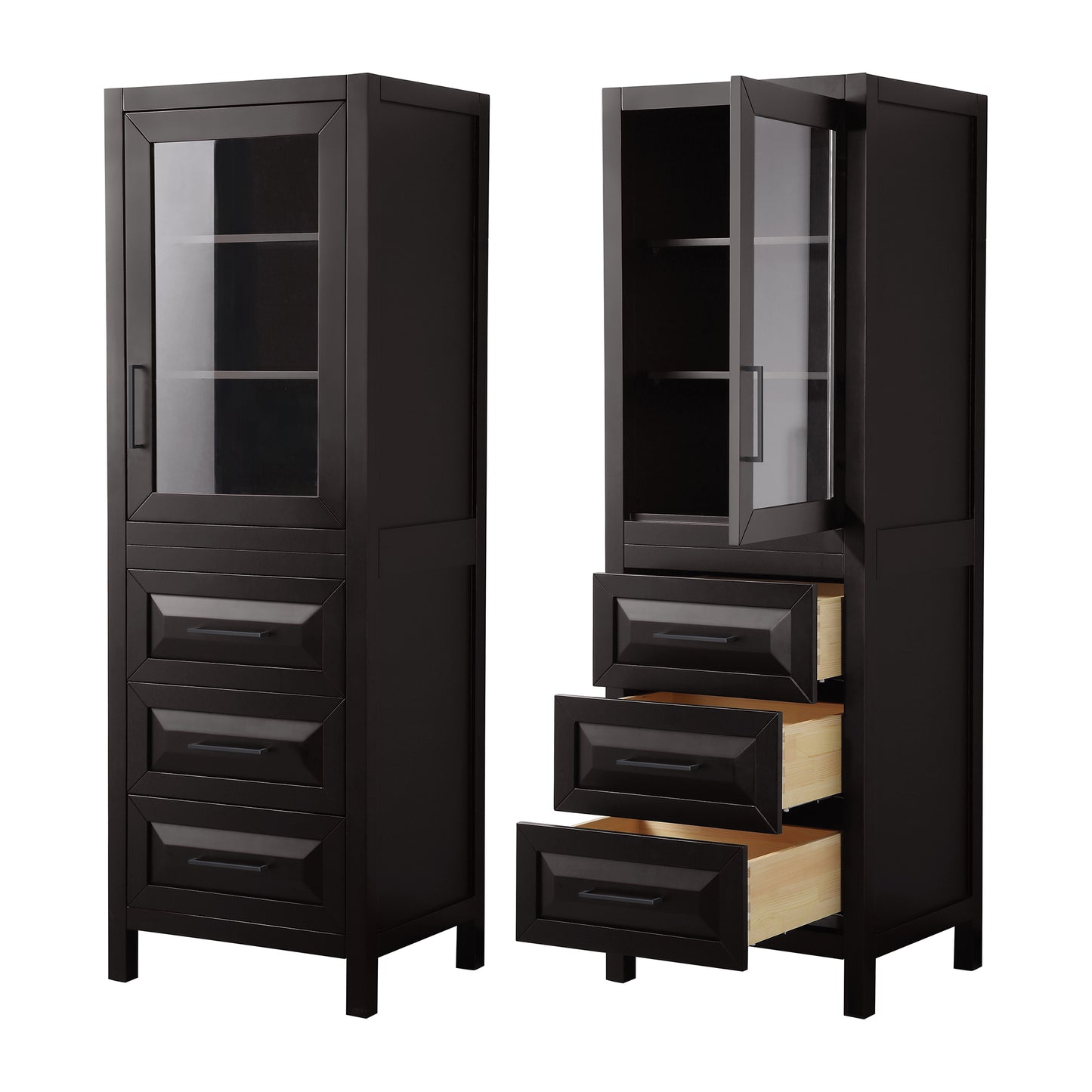 Daria Linen Tower in Espresso, Black Trim, Shelved Cabinet Storage, 3 Drawers