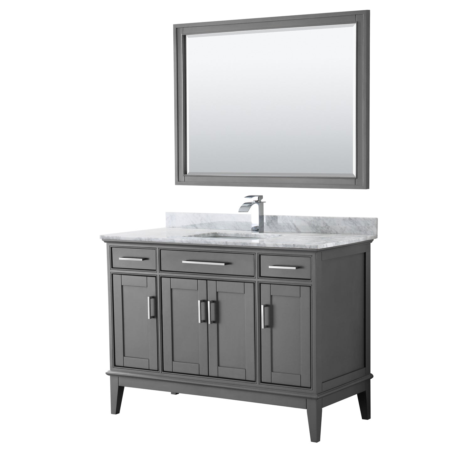 Margate 48 Inch Single Bathroom Vanity in Dark Gray, White Carrara Marble Countertop, Undermount Square Sink, and 44 Inch Mirror