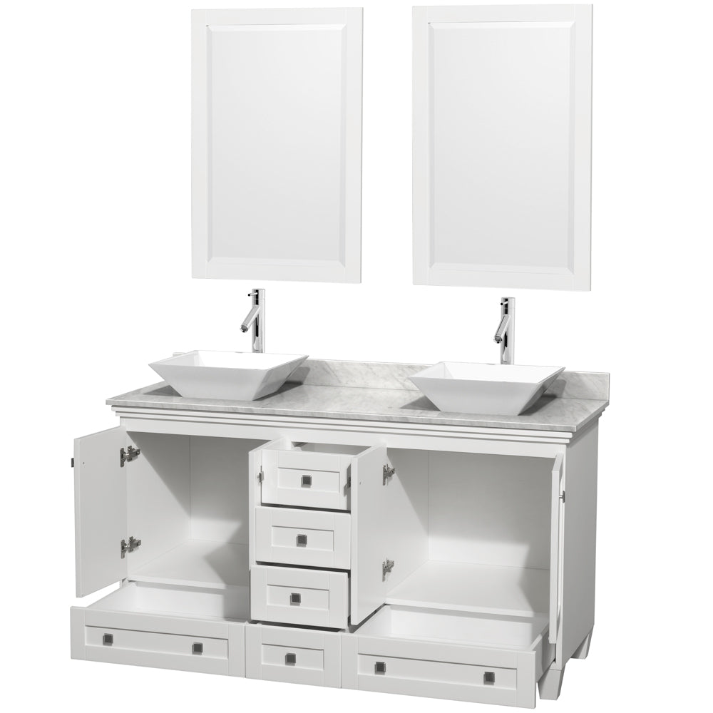 Acclaim 60" Double Vanity in White, Top, Pyra White Sinks, 24" Mirrors