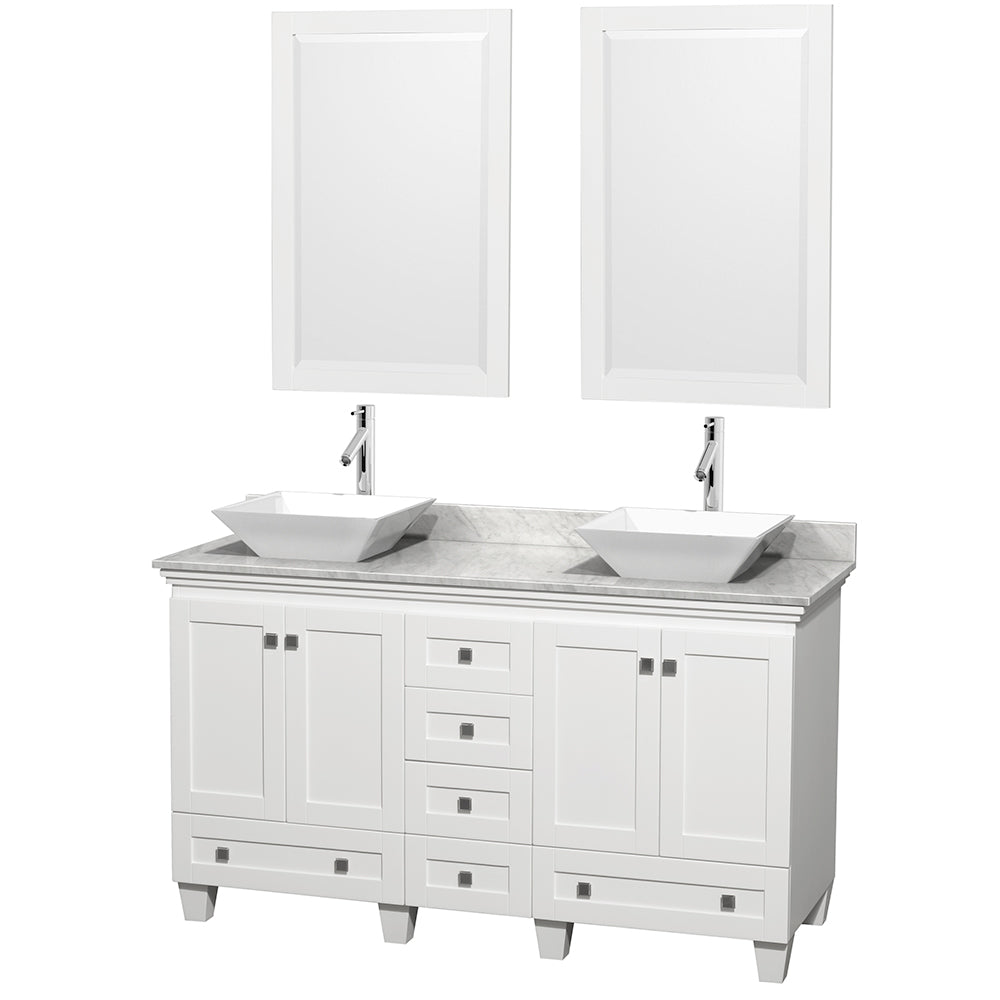 Acclaim 60" Double Vanity in White, Top, Pyra White Sinks, 24" Mirrors