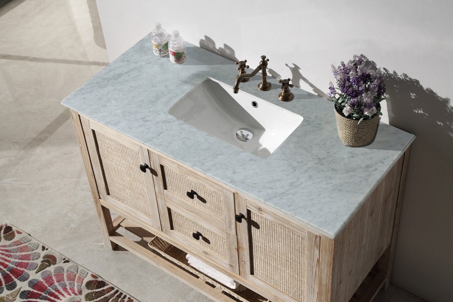 48" Solid Wood Sink Vanity With Marble Top, No Faucet