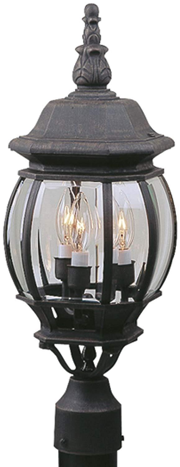 French Style 3 Light Post Mount in Matte Black with Clear Beveled Glass
