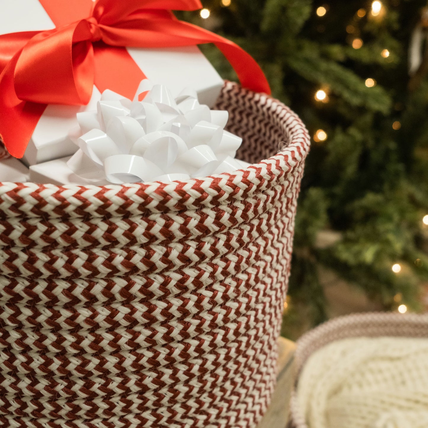 Vixen Zig-Zag Woven Holiday Basket - Candycane Red 16"x16"x14"