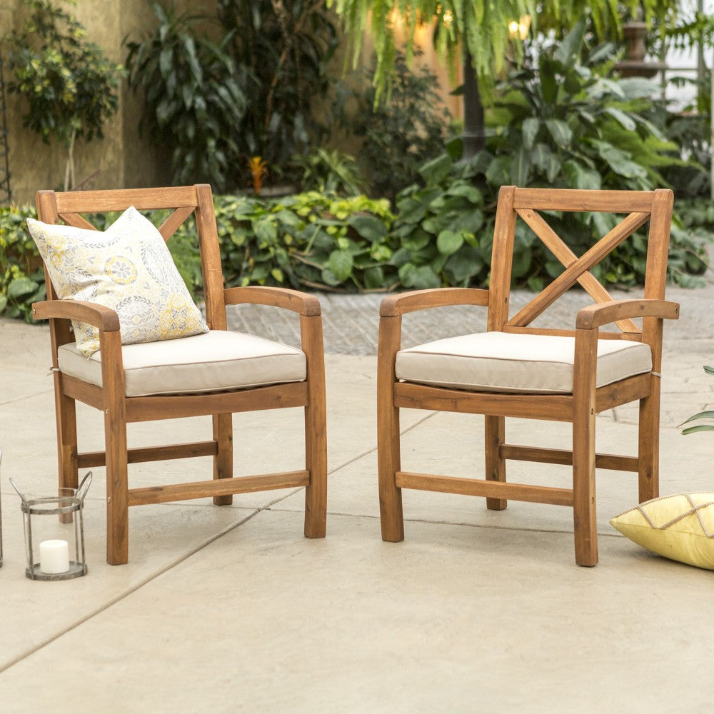 Acacia Wood X Back Outdoor Patio Chairs with Cushions, Set of 2