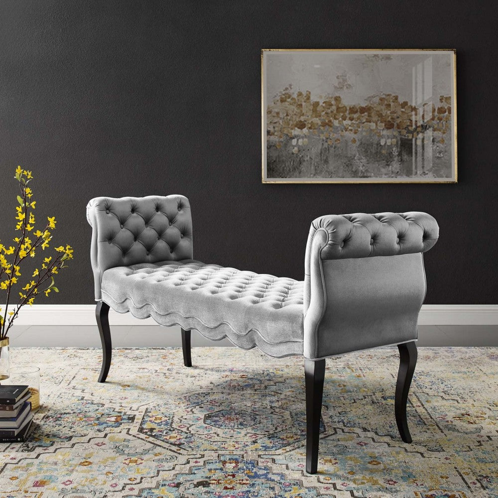 Adelia Chesterfield Style Button Tufted Performance Velvet Bench, Light Gray