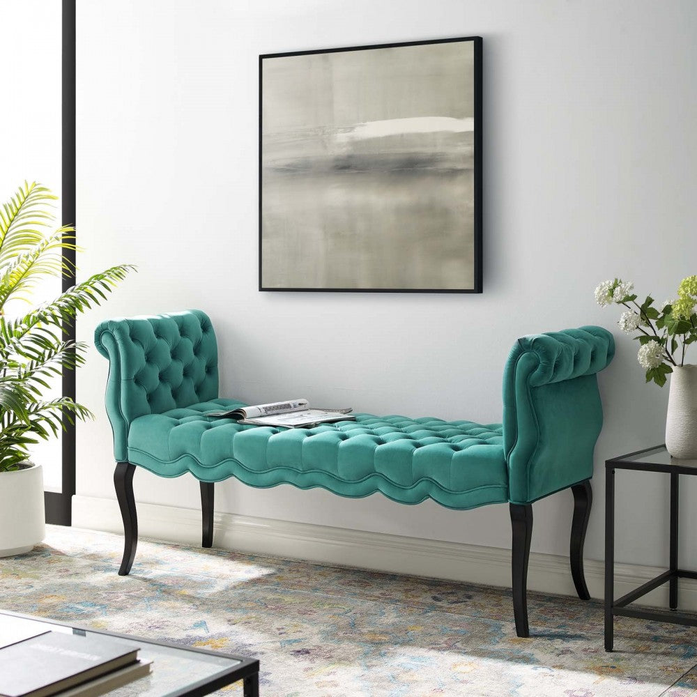 Adelia Chesterfield Style Button Tufted Performance Velvet Bench, Teal