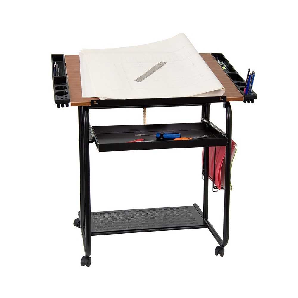 Adjustable Drawing and Drafting Table with Black Frame and Dual Wheel Casters