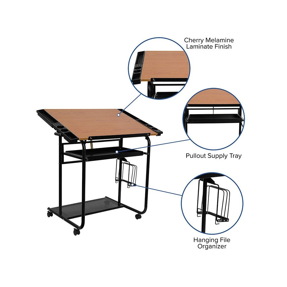 Adjustable Drawing and Drafting Table with Black Frame and Dual Wheel Casters