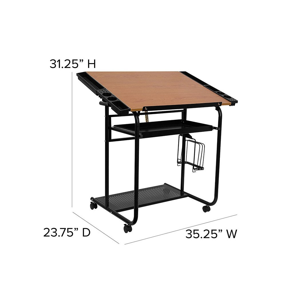 Adjustable Drawing and Drafting Table with Black Frame and Dual Wheel Casters