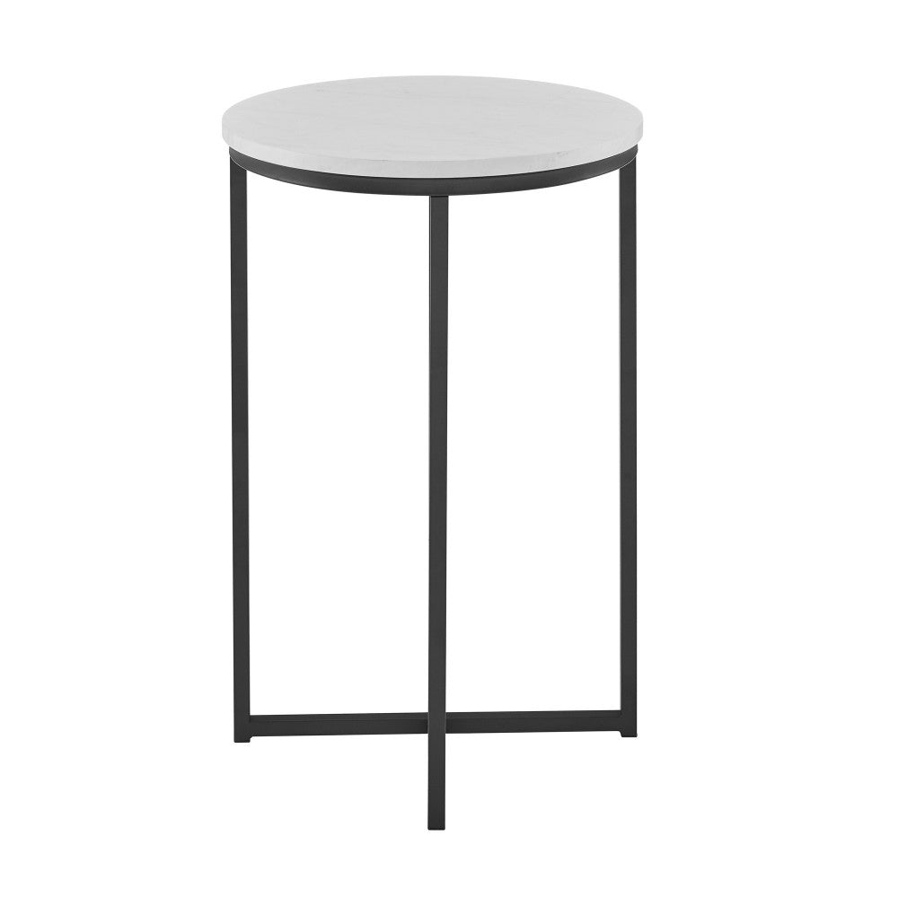 Alissa 16" Round Side Table - Faux White Marble/Black