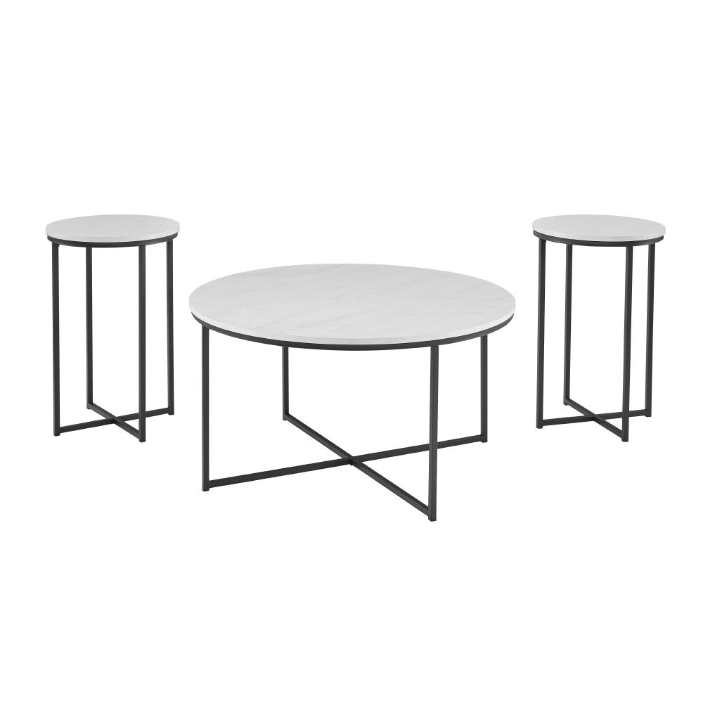 Alissa 3 Piece X-Base Coffee and Side Tables - White Faux Marble/Black