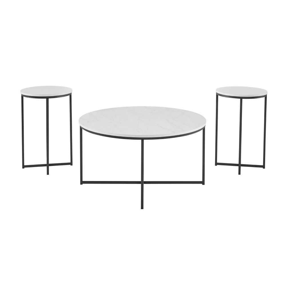 Alissa 3 Piece X-Base Coffee and Side Tables - White Faux Marble/Black