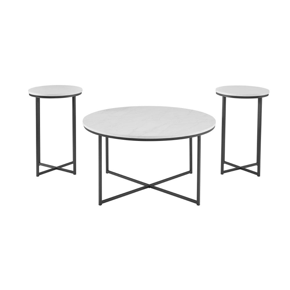 Alissa 3 Piece X-Base Coffee and Side Tables - White Faux Marble/Black