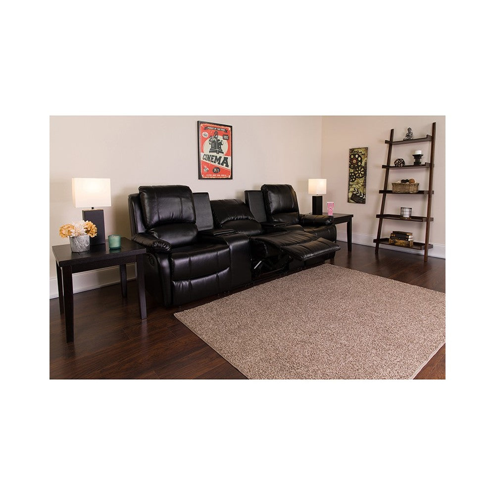 Allure Series 3-Seat Reclining Pillow Back Black LeatherSoft Theater Seating Unit with Cup Holders