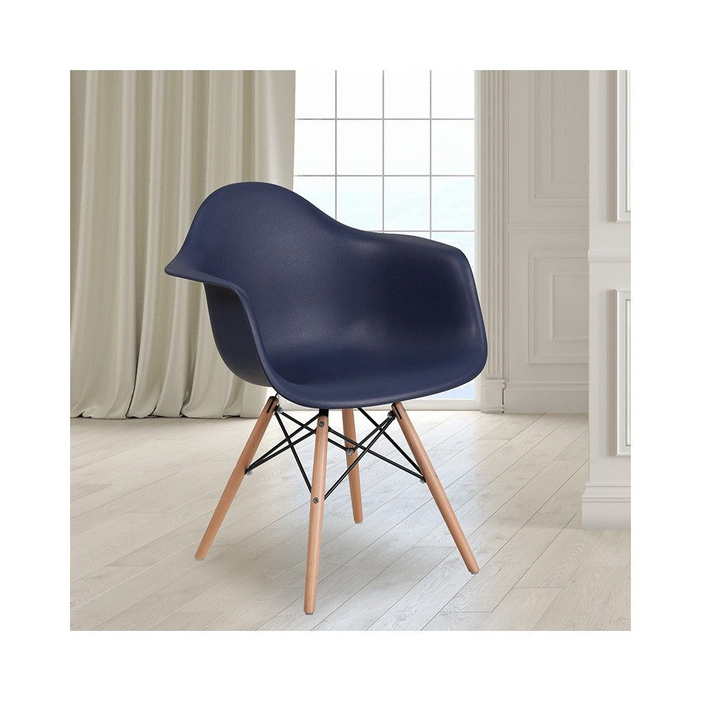 Alonza Series Navy Plastic Chair with Wooden Legs