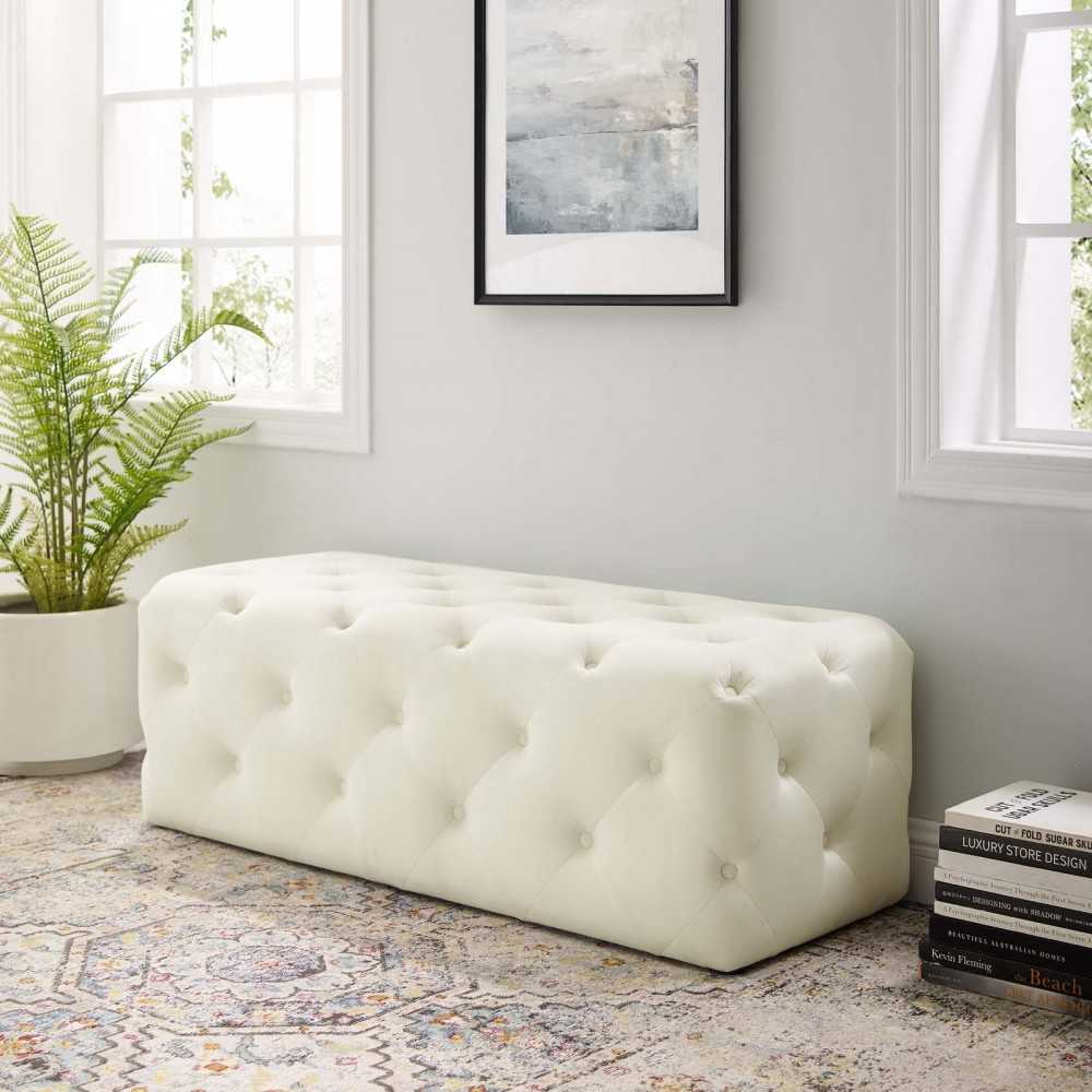 Amour 48" Tufted Button Entryway Performance Velvet Bench, Ivory