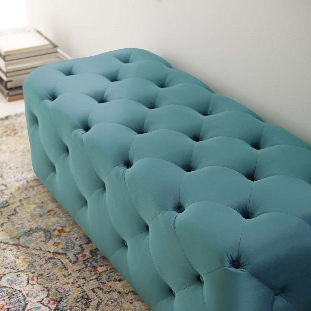 Amour 48" Tufted Button Entryway Performance Velvet Bench, Sea Blue