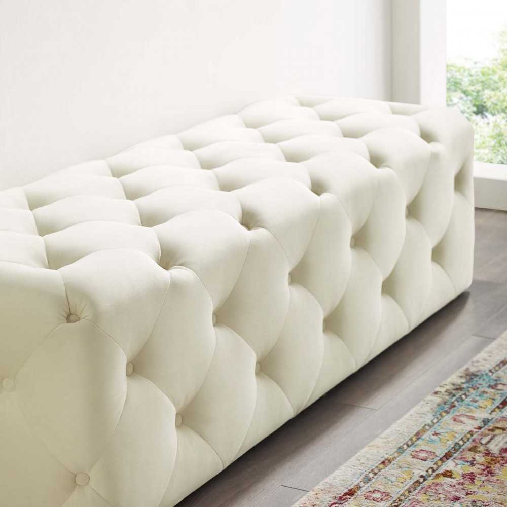 Amour 60" Tufted Button Entryway Performance Velvet Bench, Ivory