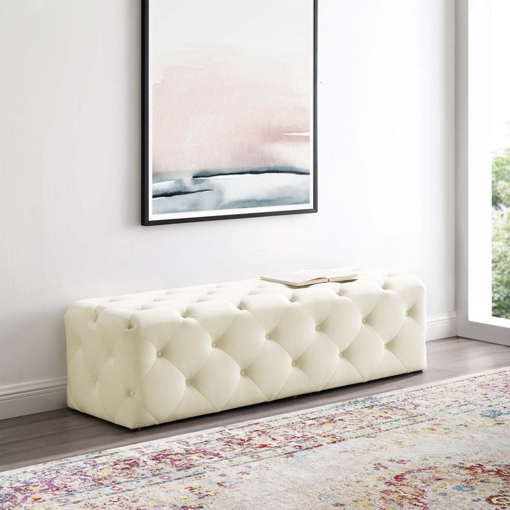 Amour 60" Tufted Button Entryway Performance Velvet Bench, Ivory