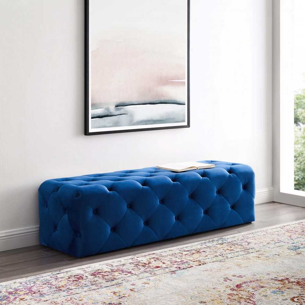 Amour 60" Tufted Button Entryway Performance Velvet Bench, Navy