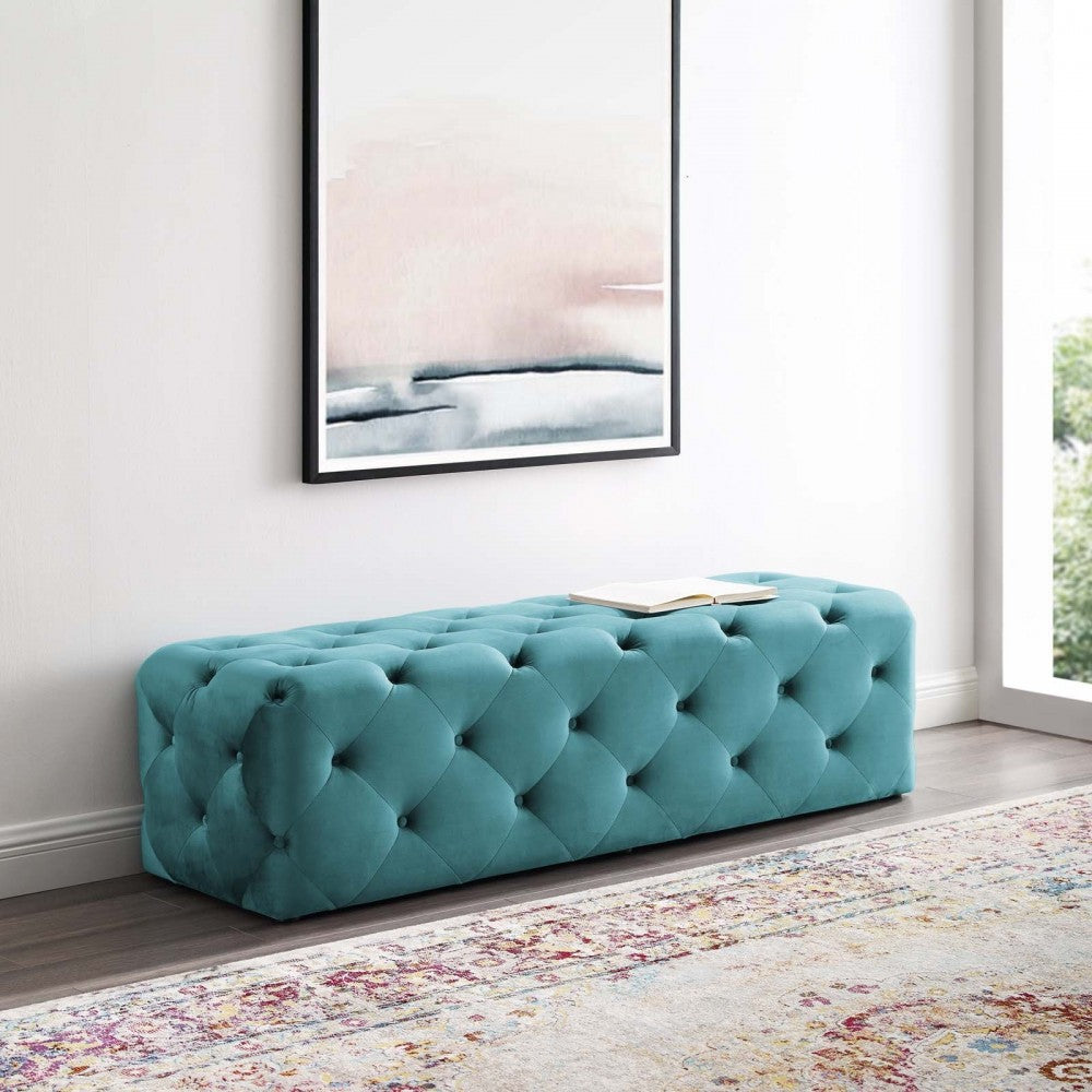 Amour 60" Tufted Button Entryway Performance Velvet Bench, Sea Blue
