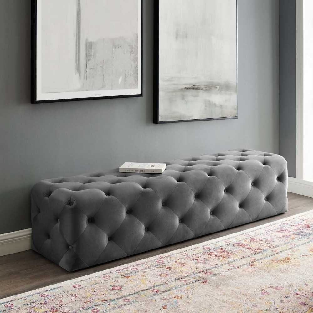 Amour 72" Tufted Button Entryway Performance Velvet Bench, Gray