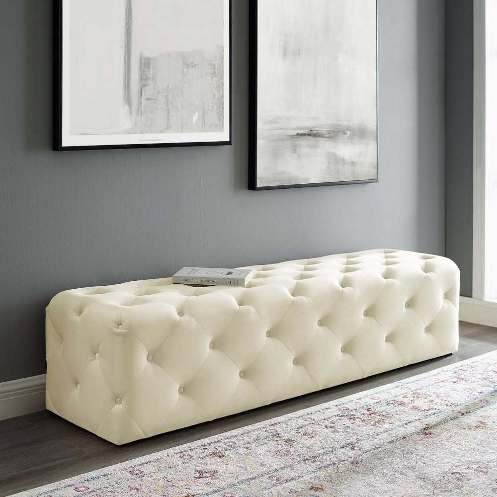 Amour 72" Tufted Button Entryway Performance Velvet Bench, Ivory
