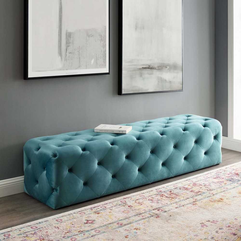 Amour 72" Tufted Button Entryway Performance Velvet Bench, Sea Blue