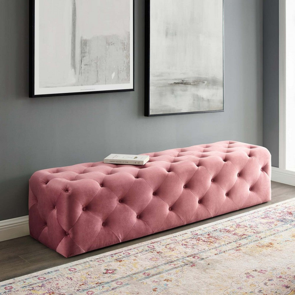 Amour 72" Tufted Button Entryway Performance Velvet Bench, Dusty Rose